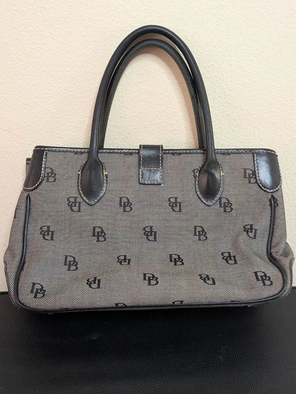 Dooney and Bourke Vintage DB Signature Tote Black Grey Push Lock Handbag